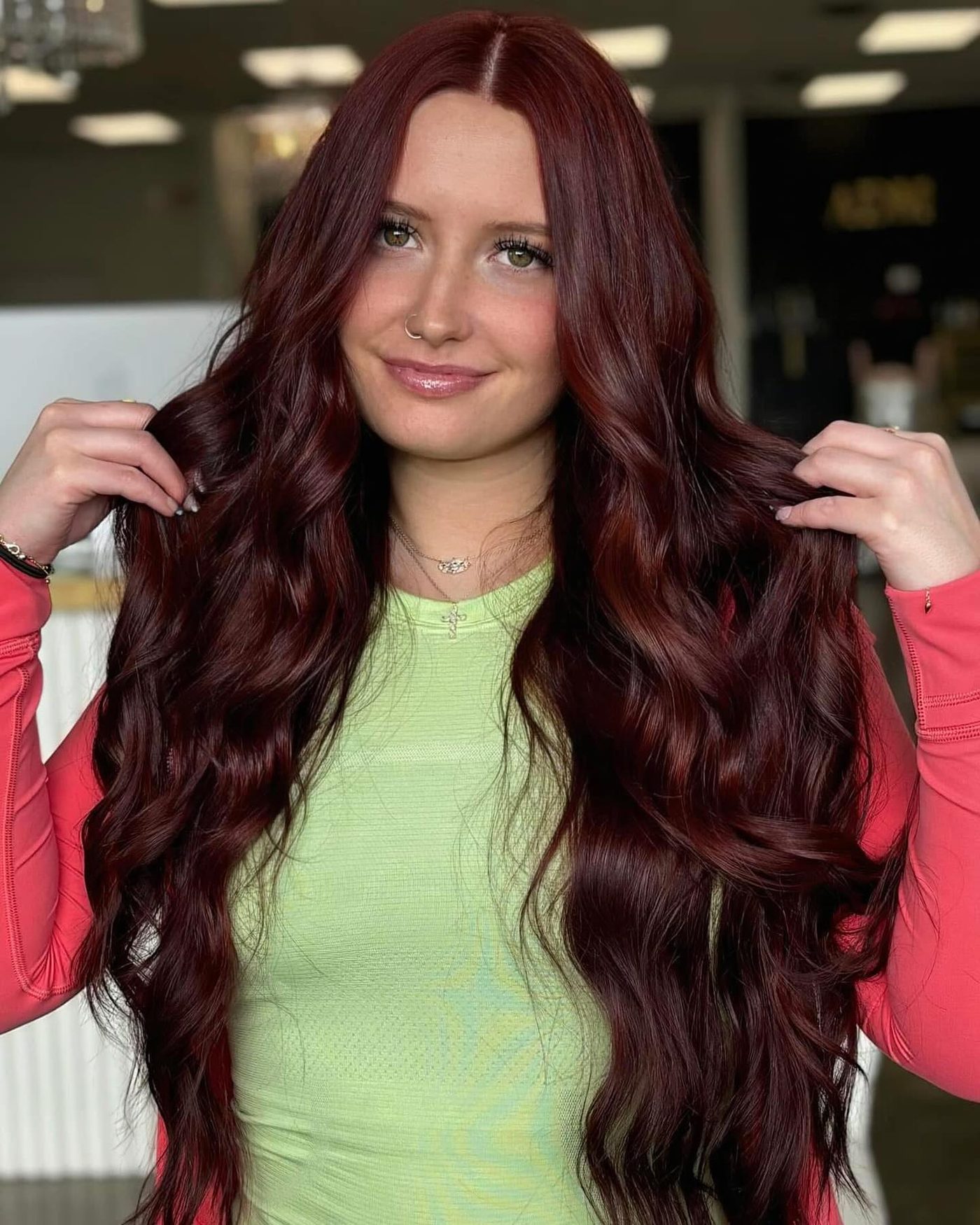 Burgundy red on long layers, front view