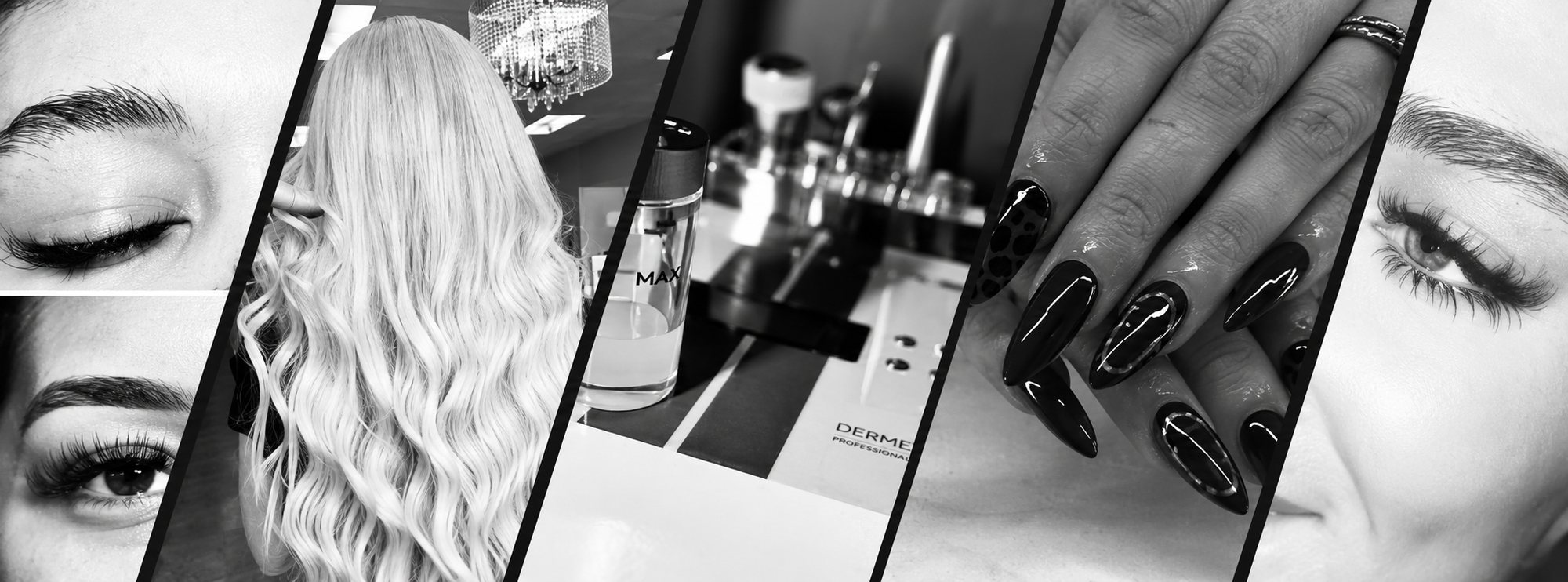 Black-and-white collage of ADM services: brows, blonde waves, skincare, black nail art, and lashes